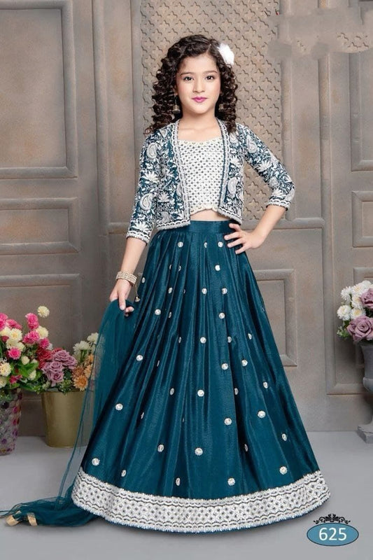 Embroidered Long Coat Lehenga Set - Girls